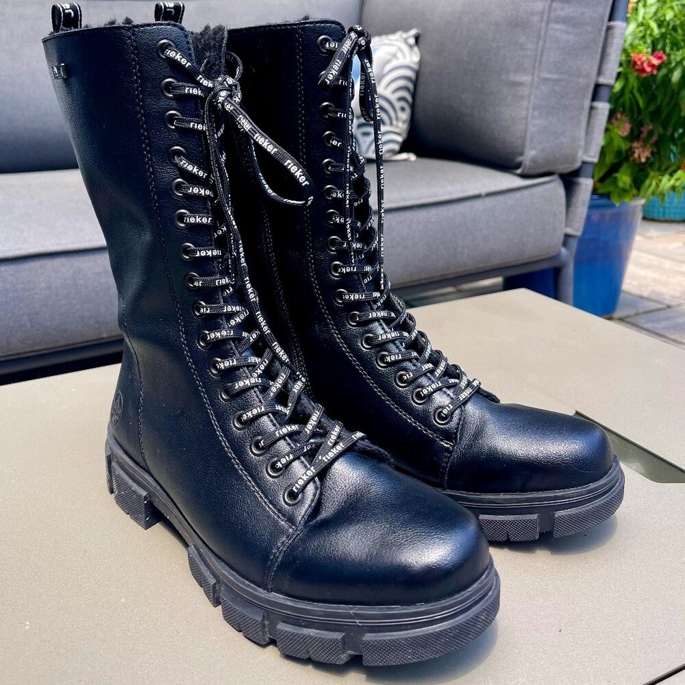 Rieker mid calf length leather boots, black. Size women's US 9